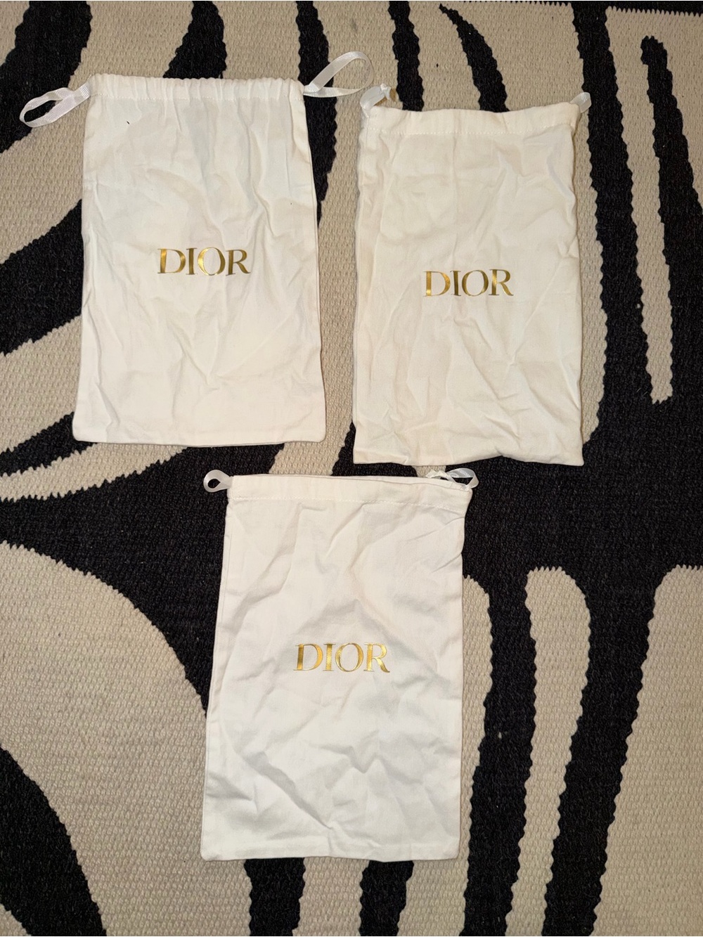 Dior Gold Logo on Cream-White Drawstring Pouches - Set of 3
